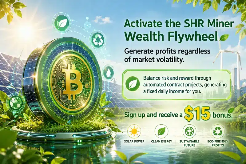Gold Bitcoin symbol in futuristic eco-friendly landscape with solar panels and wind turbines