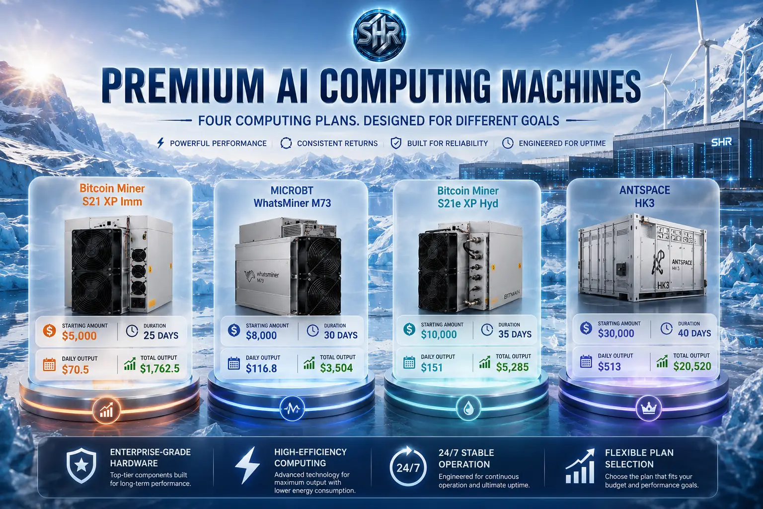 Four bitcoin mining machines displayed with cost and details in icy landscape setting