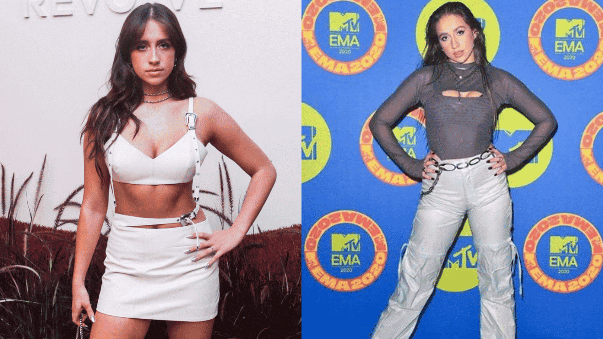 Side-by-side comparison photos of Tate McRae posing at a Revolve event and on the MTV EMA 2020 red carpet