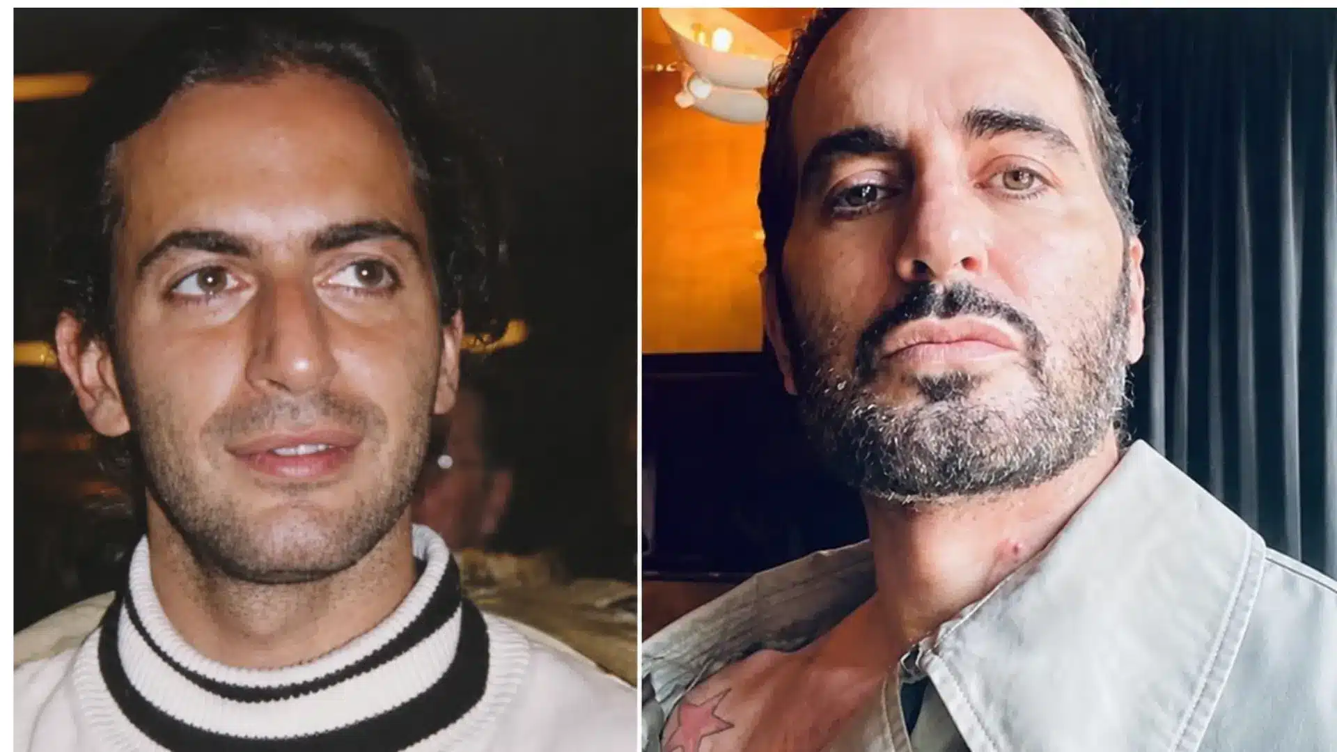 Side-by-side photos of Marc Jacobs at different ages, showing changes in facial appearance, beard, hairstyle, and overall look