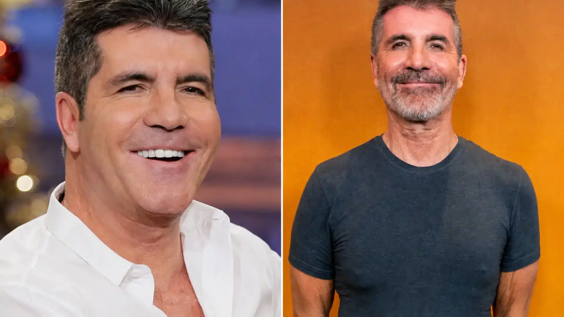Side-by-side photos of Simon Cowell at different ages, showing changes in facial appearance, hairstyle, and facial hair
