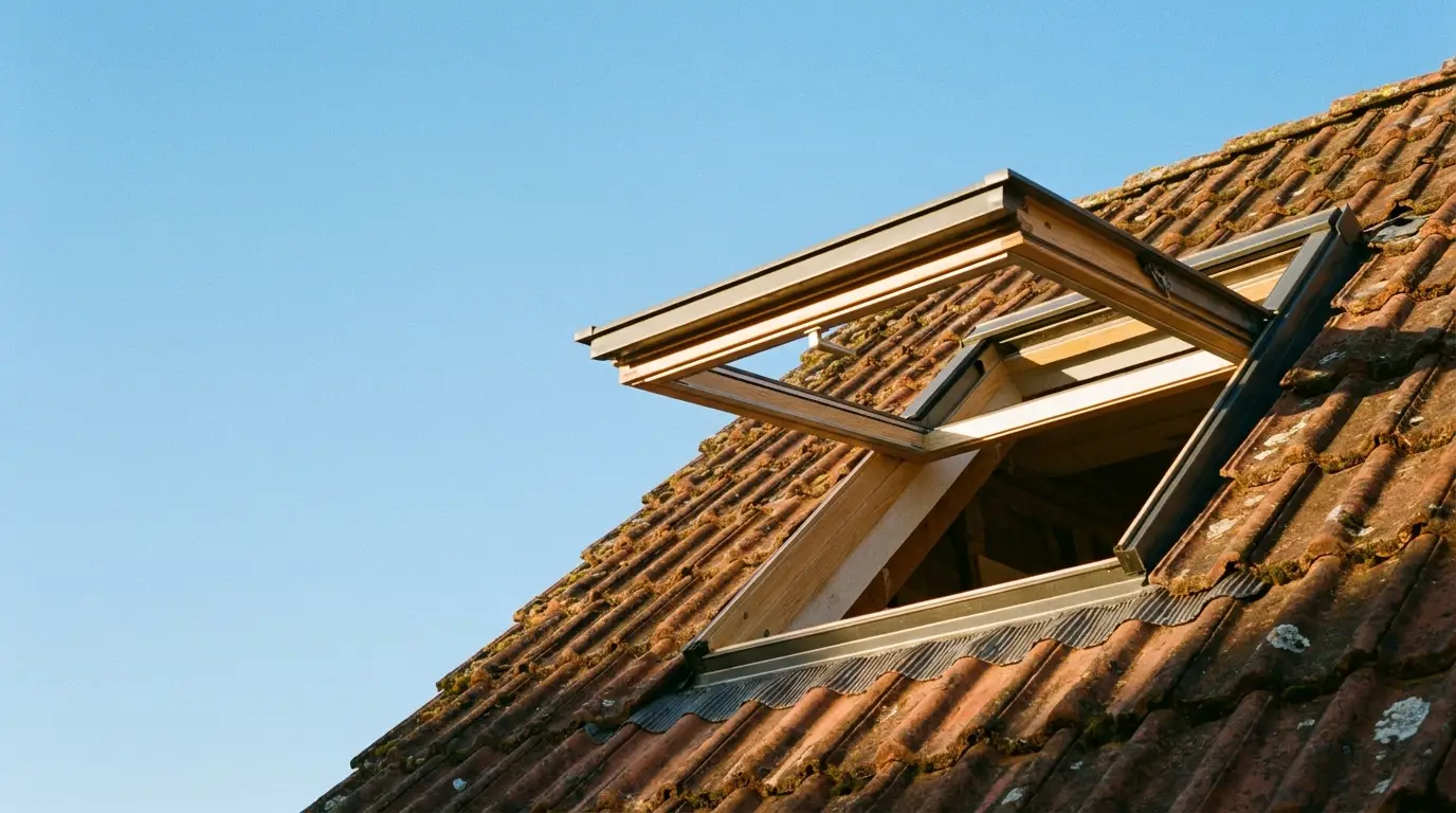 Open skylight window on sloped red-tiled roof under clear blue sky
