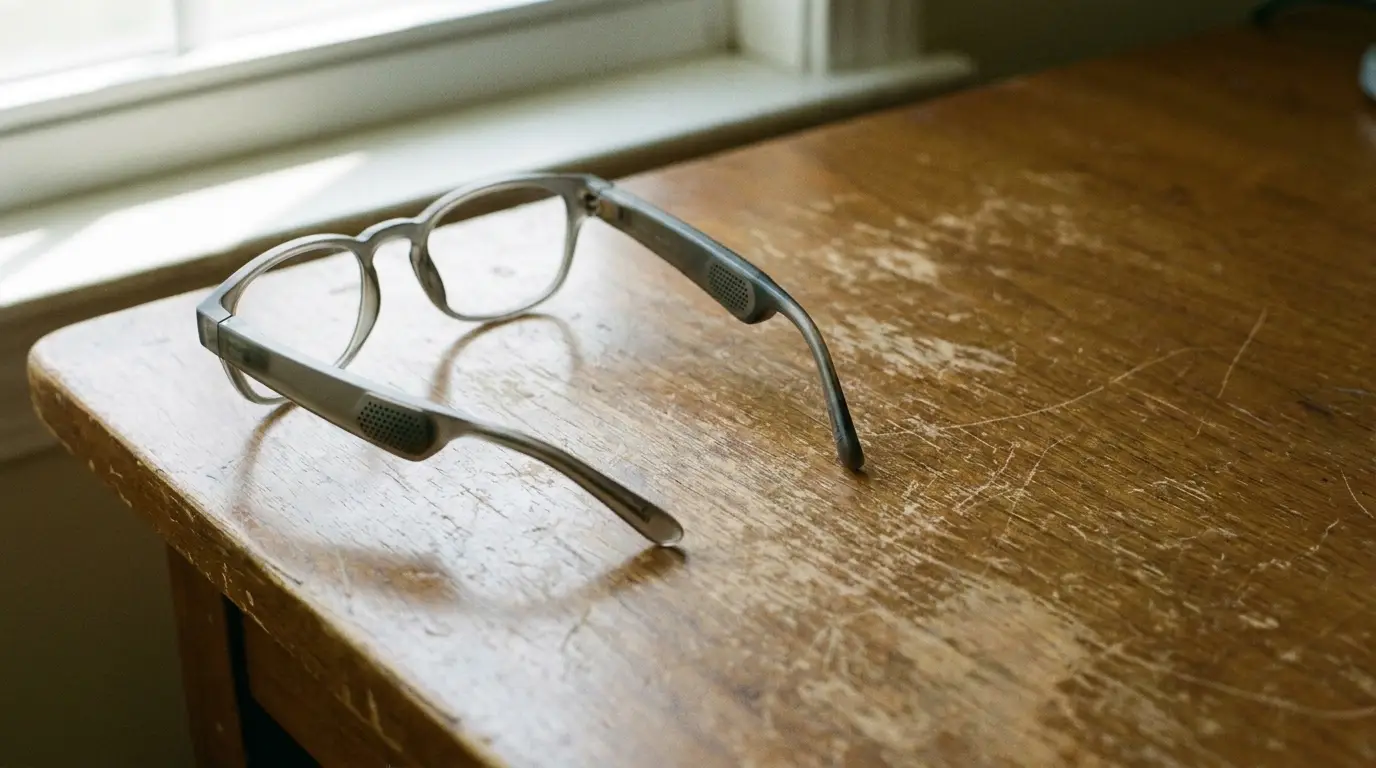 Eyeglasses resting on scratched wooden table near window in soft natural light