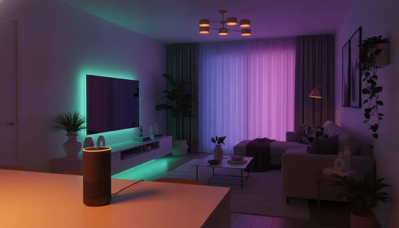 Modern living room with colorful mood lighting and smart speaker on countertop