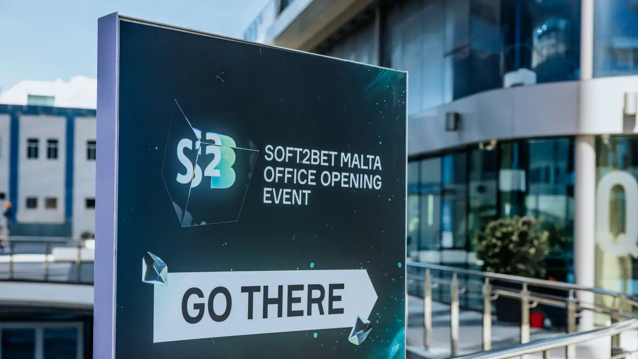 Signboard for office opening event outside modern glass building under blue sky