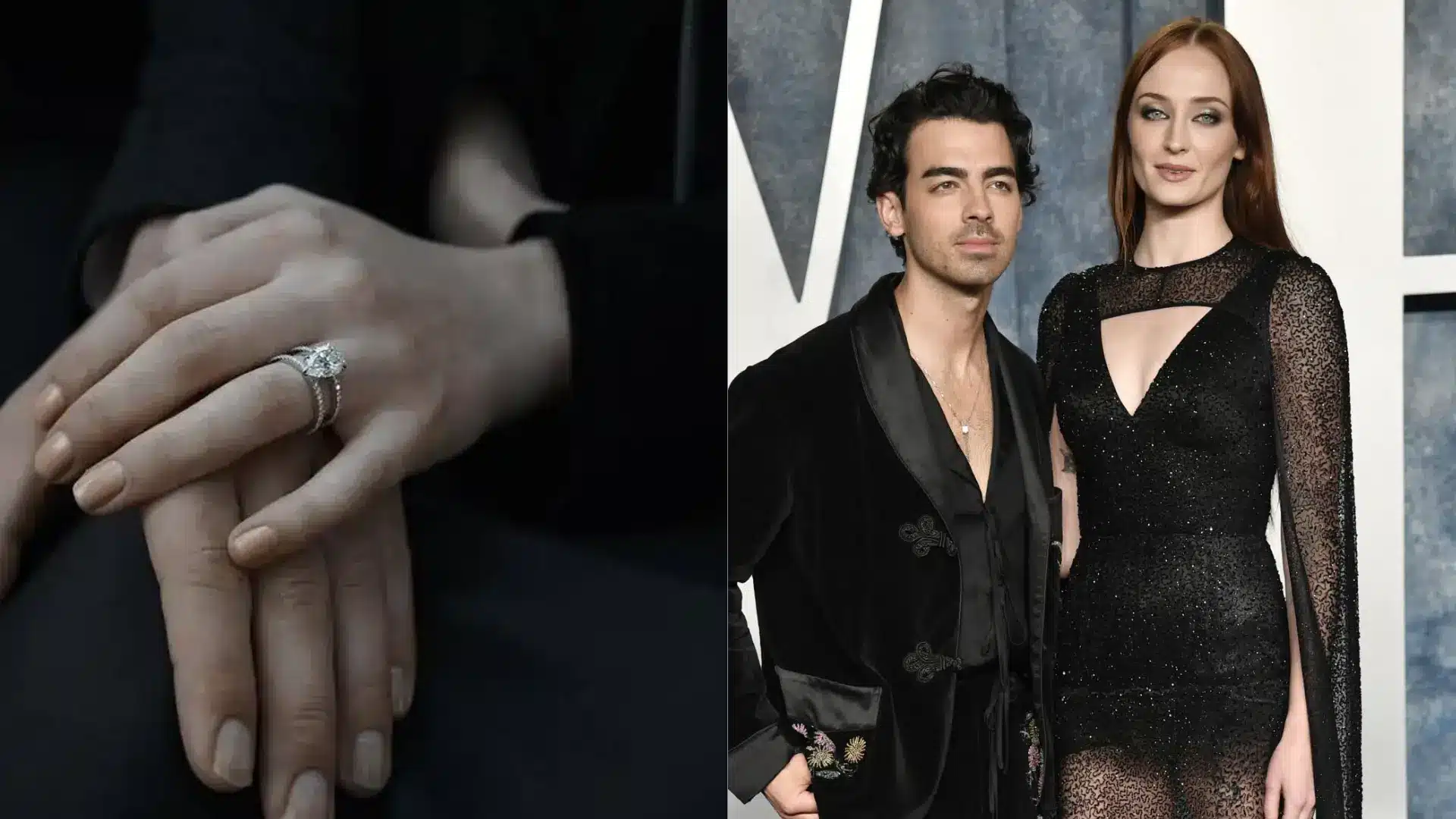 Sophie Turner's pear-shaped diamond engagement ring with a double pavé band, shown with Joe Jonas