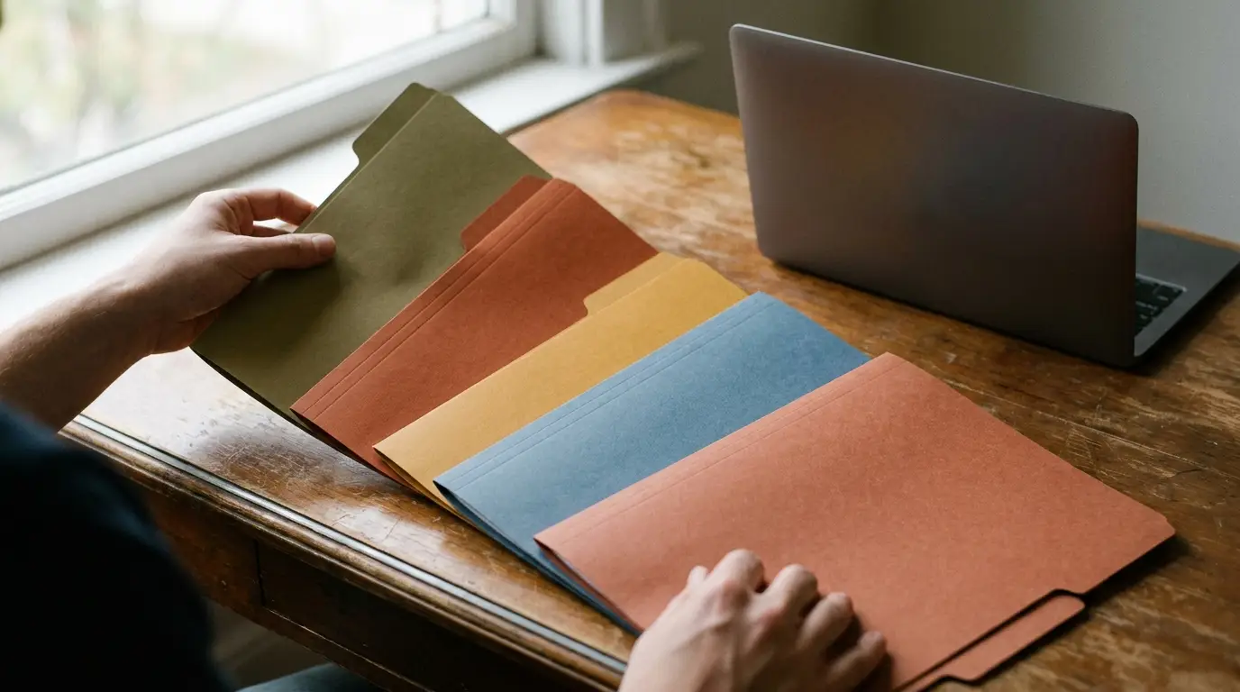 Hands organizing colorful file folders on wooden desk near laptop