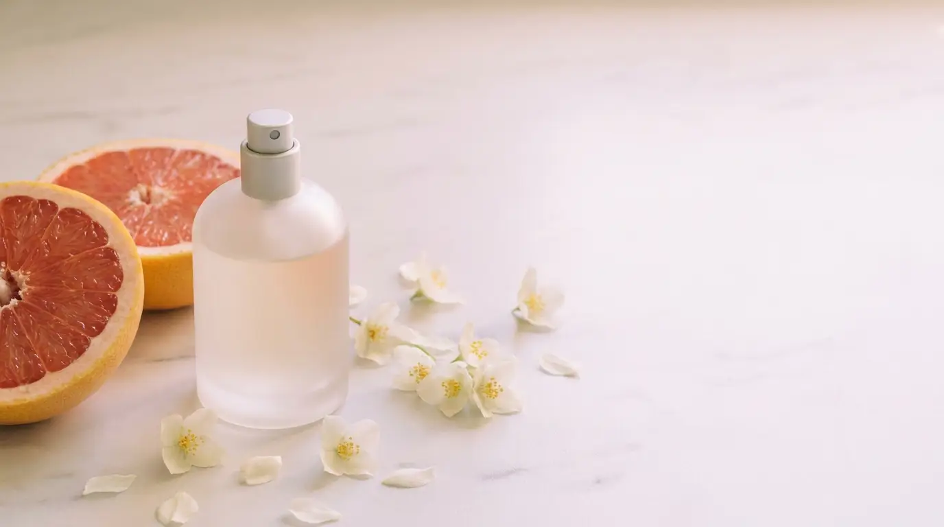 Frosted glass perfume bottle with grapefruit halves and white flowers on marble surface
