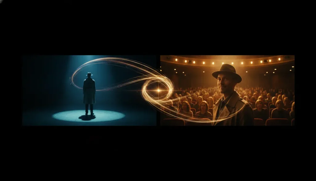 Individual in a trench coat under spotlight with audience, connected by glowing light trails in theater