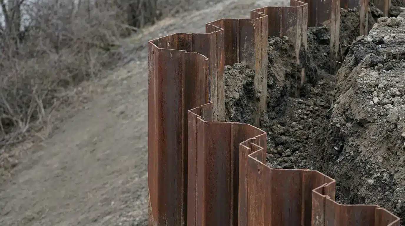 Rusty metal sheet piles forming a barrier in muddy construction site
