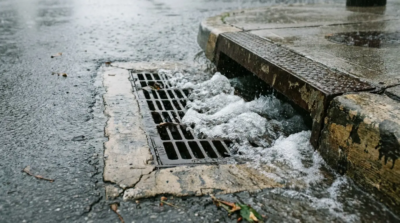 Rainwater flowing into a storm drain on a wet urban street corner