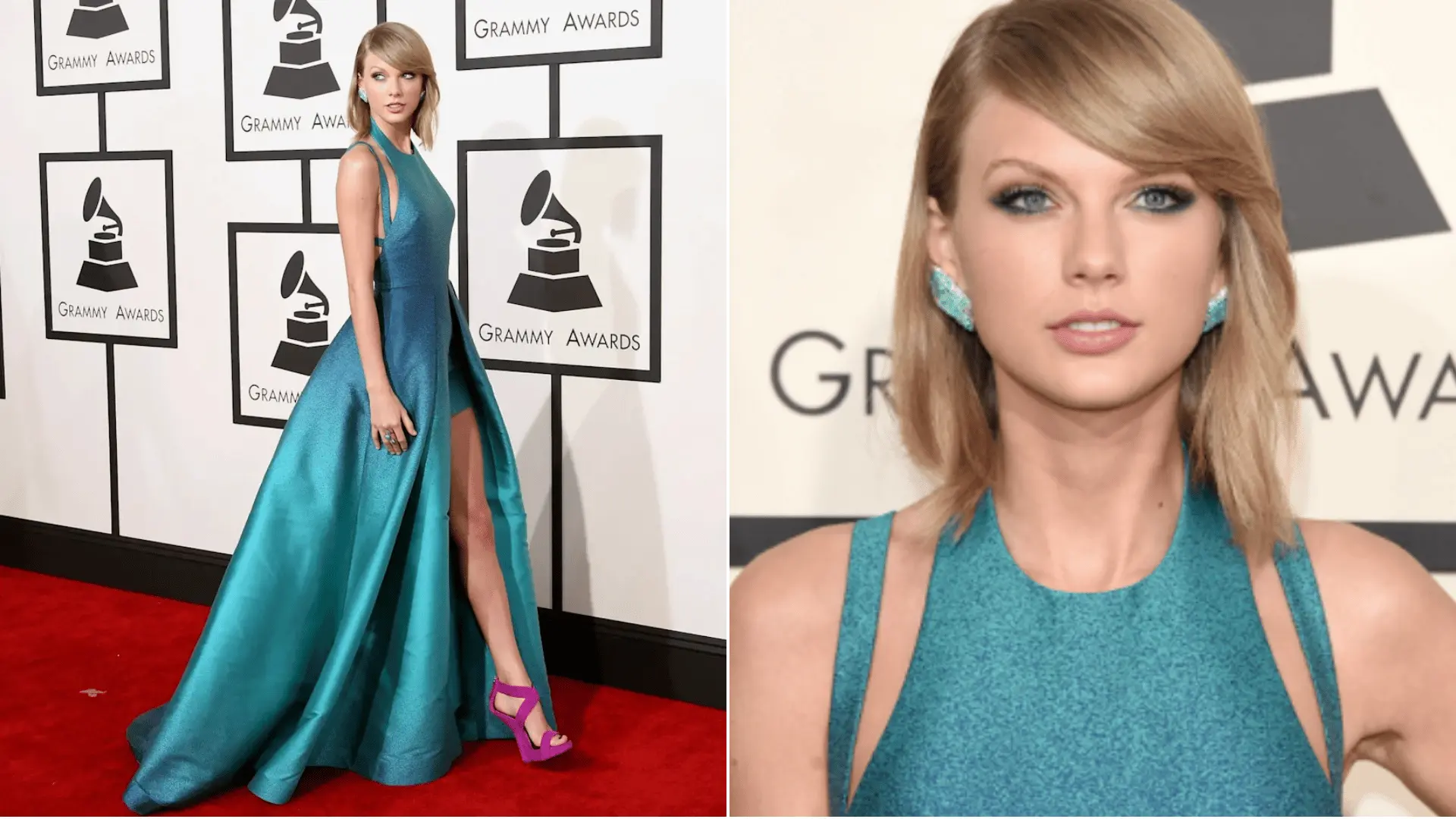 Taylor Swift wearing a teal-blue Elie Saab high-low dress with magenta heels at the 2015 Grammy Awards.