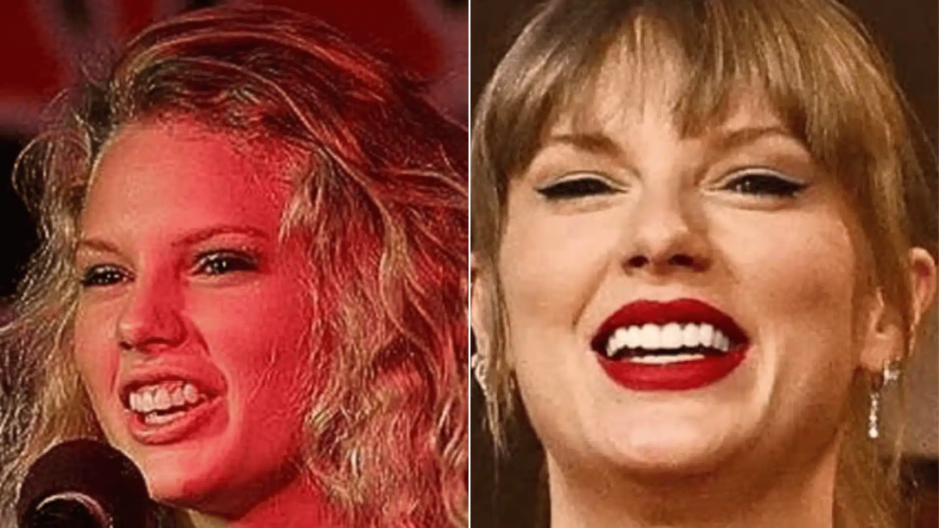 Taylor Swift in two labeled portraits, with slightly parted lips on the left and a closed red-lip pose on the right