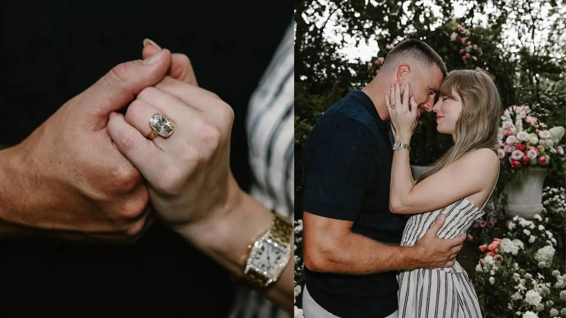 Taylor Swift wearing her old mine cushion-cut diamond engagement ring while embracing her fiancé outdoors