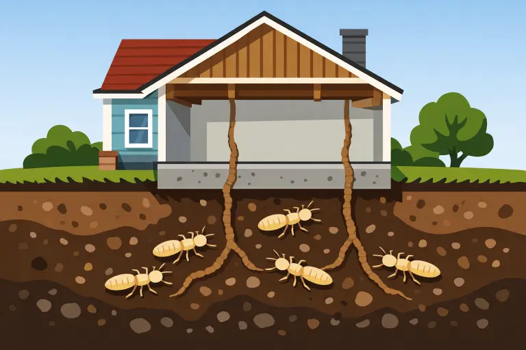 Cutaway illustration of termites tunneling under house foundation in landscaped yard