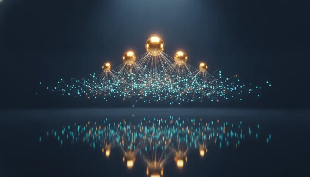 Abstract network with glowing nodes and connecting lines on dark background with reflection