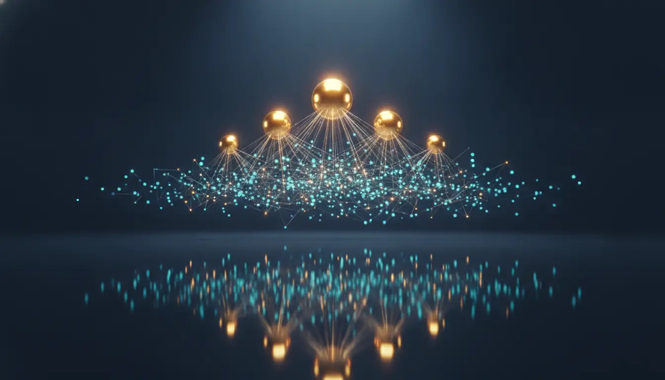 Abstract network with glowing nodes and connecting lines on dark background with reflection
