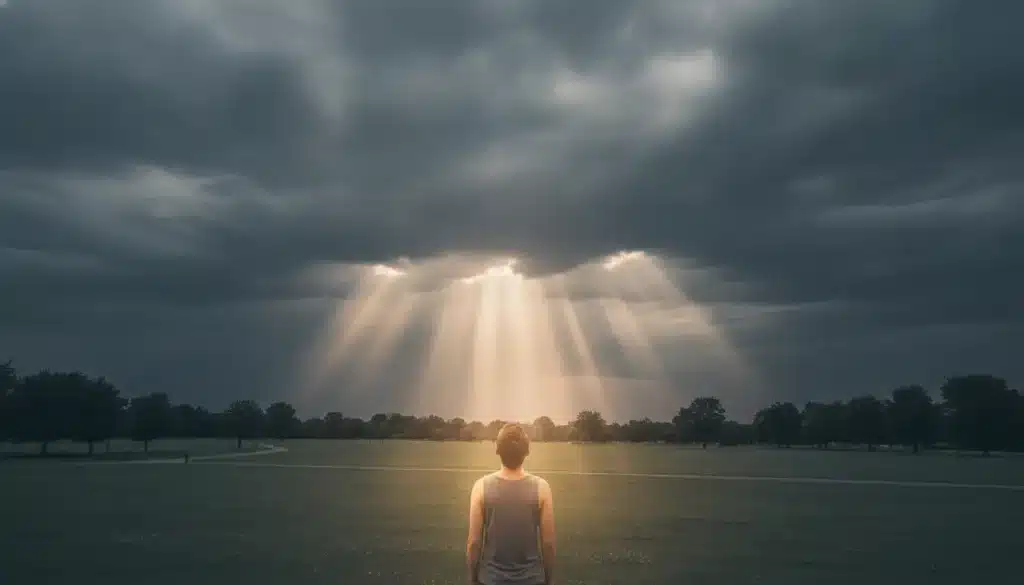 Person standing on grassy field under dramatic sun rays through clouds