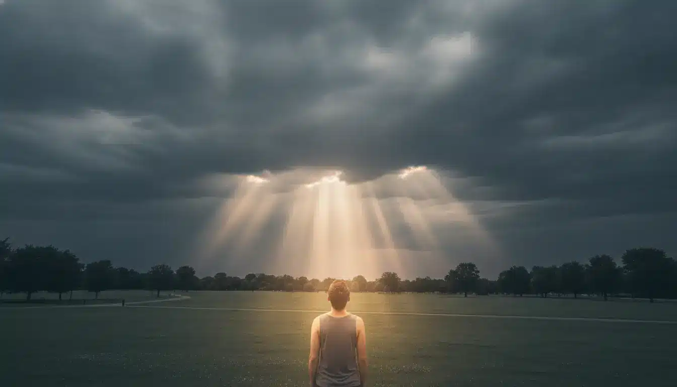 Person standing on grassy field under dramatic sun rays through clouds