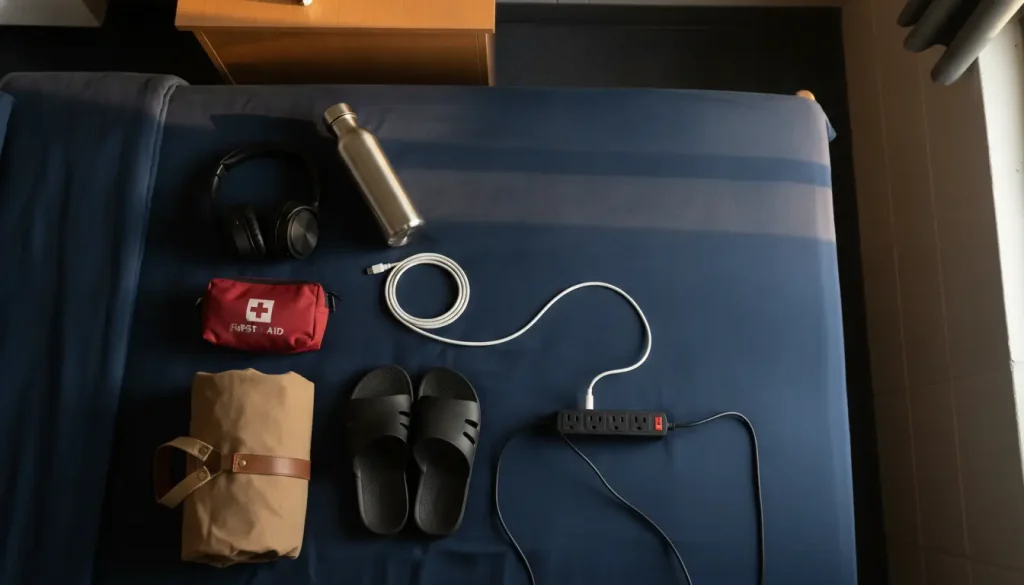 Essentials on a bed including headphones, water bottle, first aid kit, and power strip
