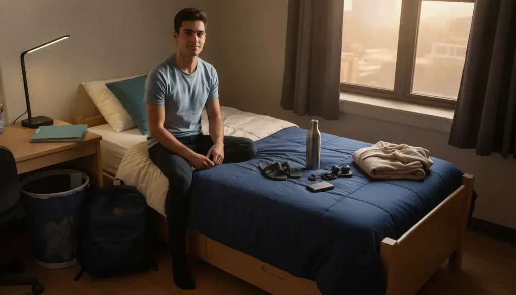 Young man in blue shirt sitting on neatly made dorm room bed with study desk nearby