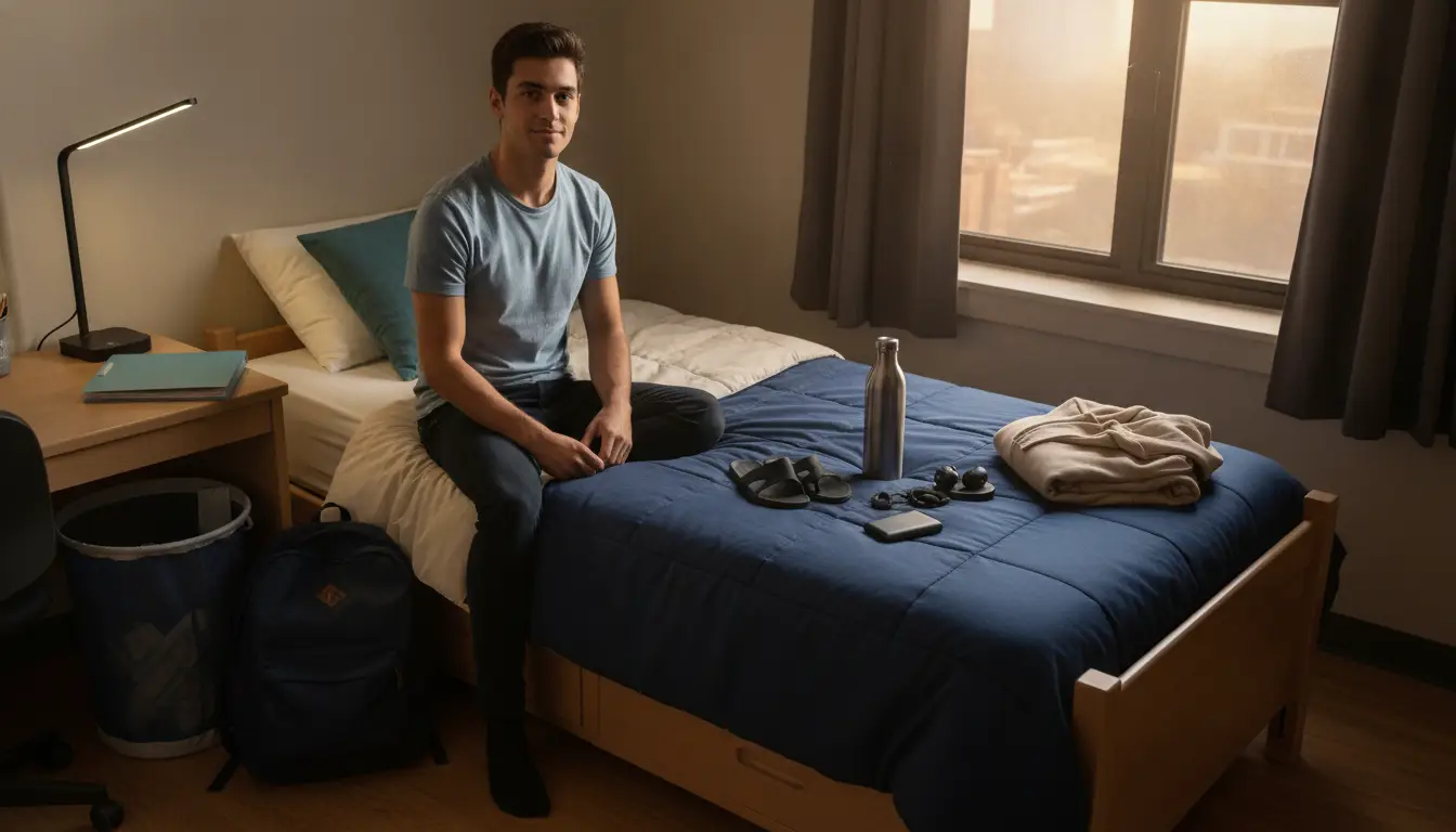 Young man in blue shirt sitting on neatly made dorm room bed with study desk nearby