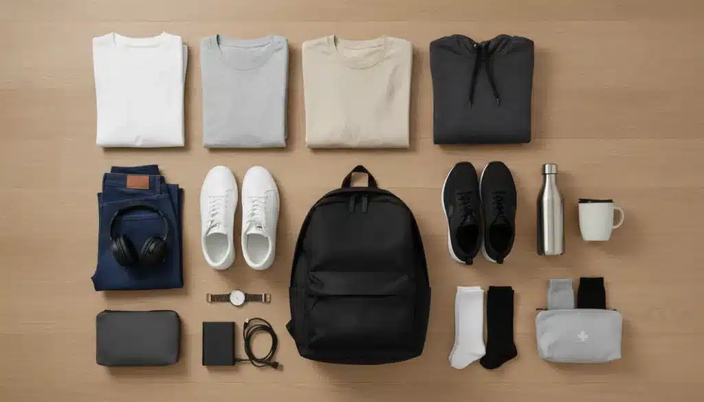 Clothing and accessories neatly arranged on wooden floor with backpack and water bottle