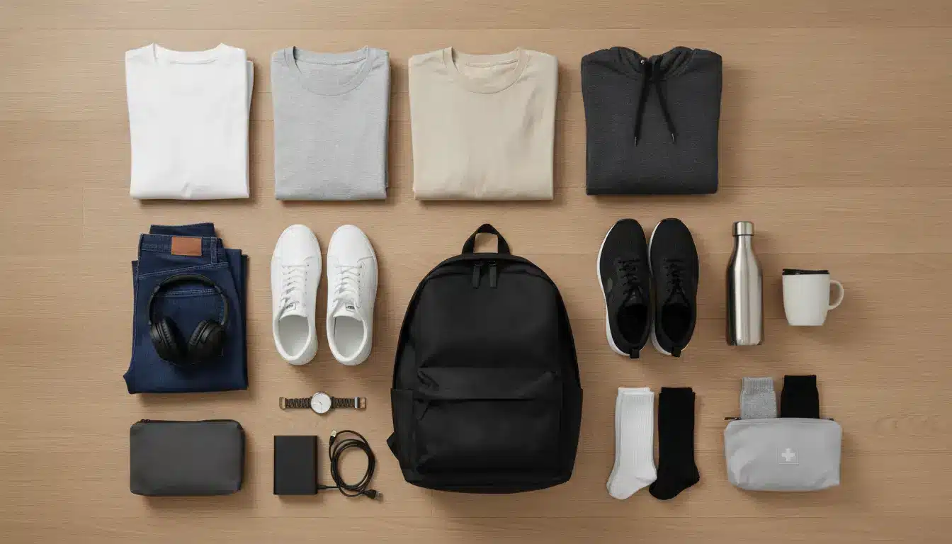Clothing and accessories neatly arranged on wooden floor with backpack and water bottle
