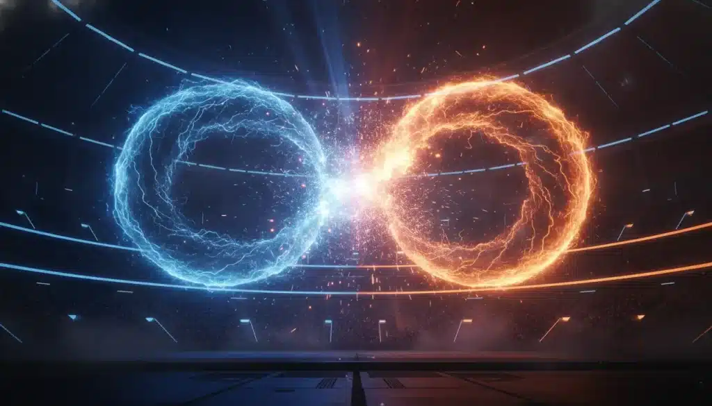 Blue and orange energy rings clashing in futuristic arena with spectators