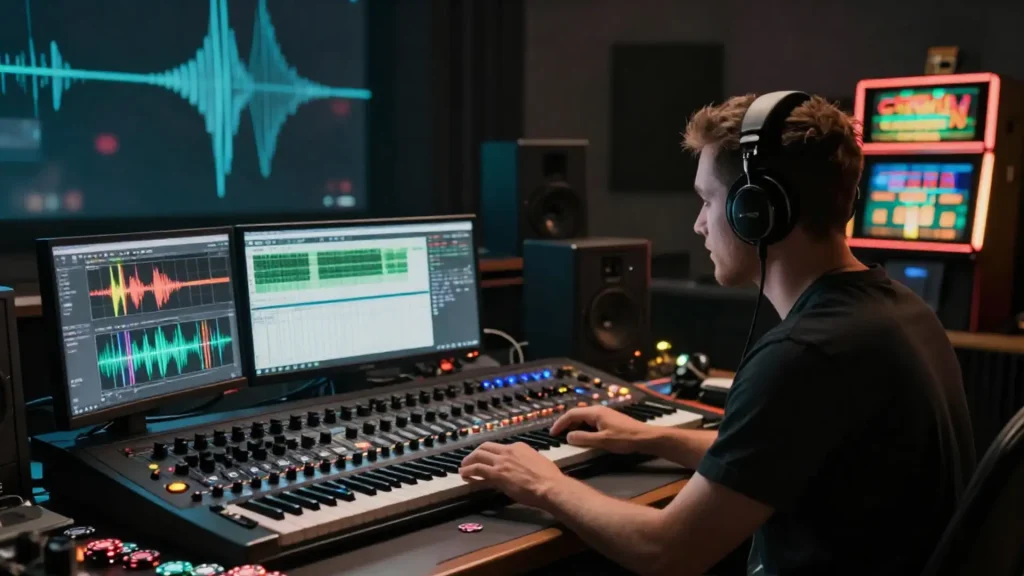 Sound engineer working on audio production with keyboards and dual monitors in a studio setting