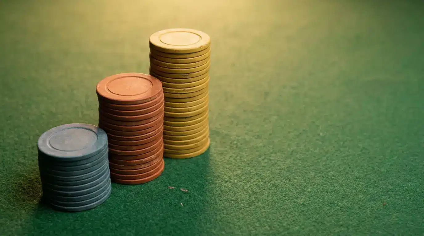 Stacks of blue, red, and yellow poker chips on green felt table