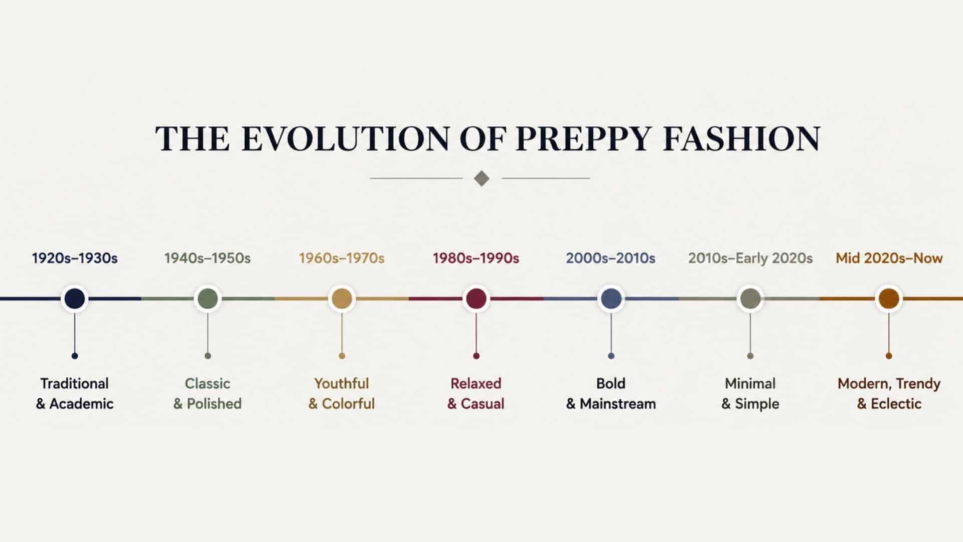 Timeline infographic illustrating the evolution of preppy fashion from the 1920s to today.