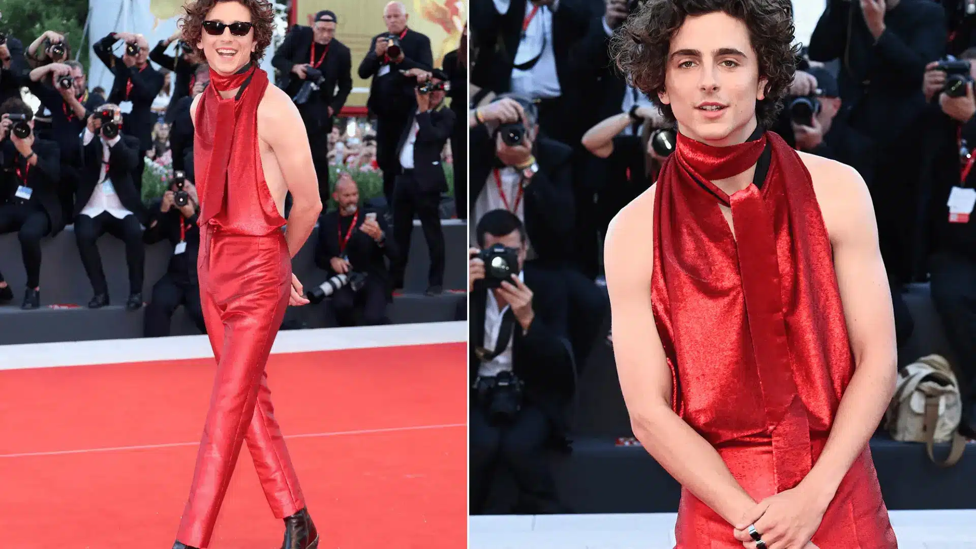 Timothée Chalamet wearing a bright red halter suit by Haider Ackermann at Venice Film Festival in 2022