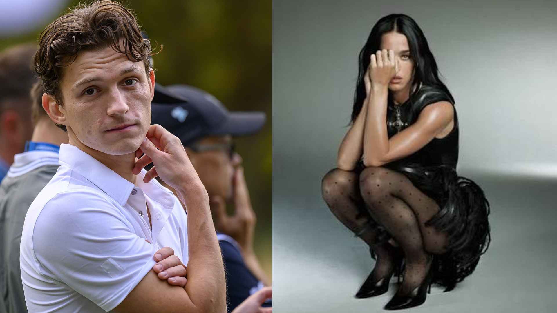 Tom Holland appears in a casual outdoor photo beside Katy Perry posing in a black outfit for a studio style portrait