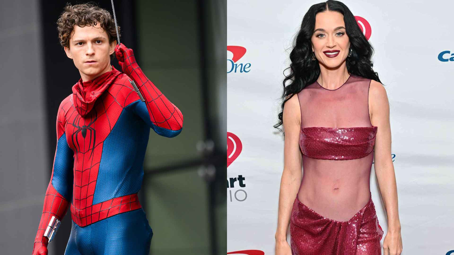 Tom Holland in a red and blue Spider Man suit beside Katy Perry wearing a sheer red sequined outfit at an event