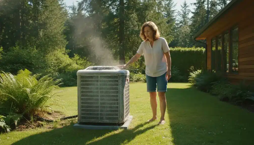 Woman inspecting steaming HVAC unit in sunlit backyard with green lawn and foliage