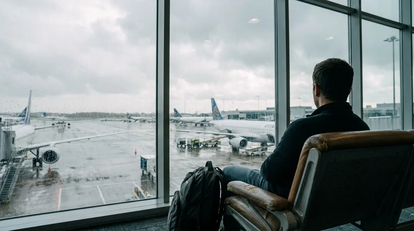 Man sitting in airport terminal looking at airplanes through large windows on a rainy day