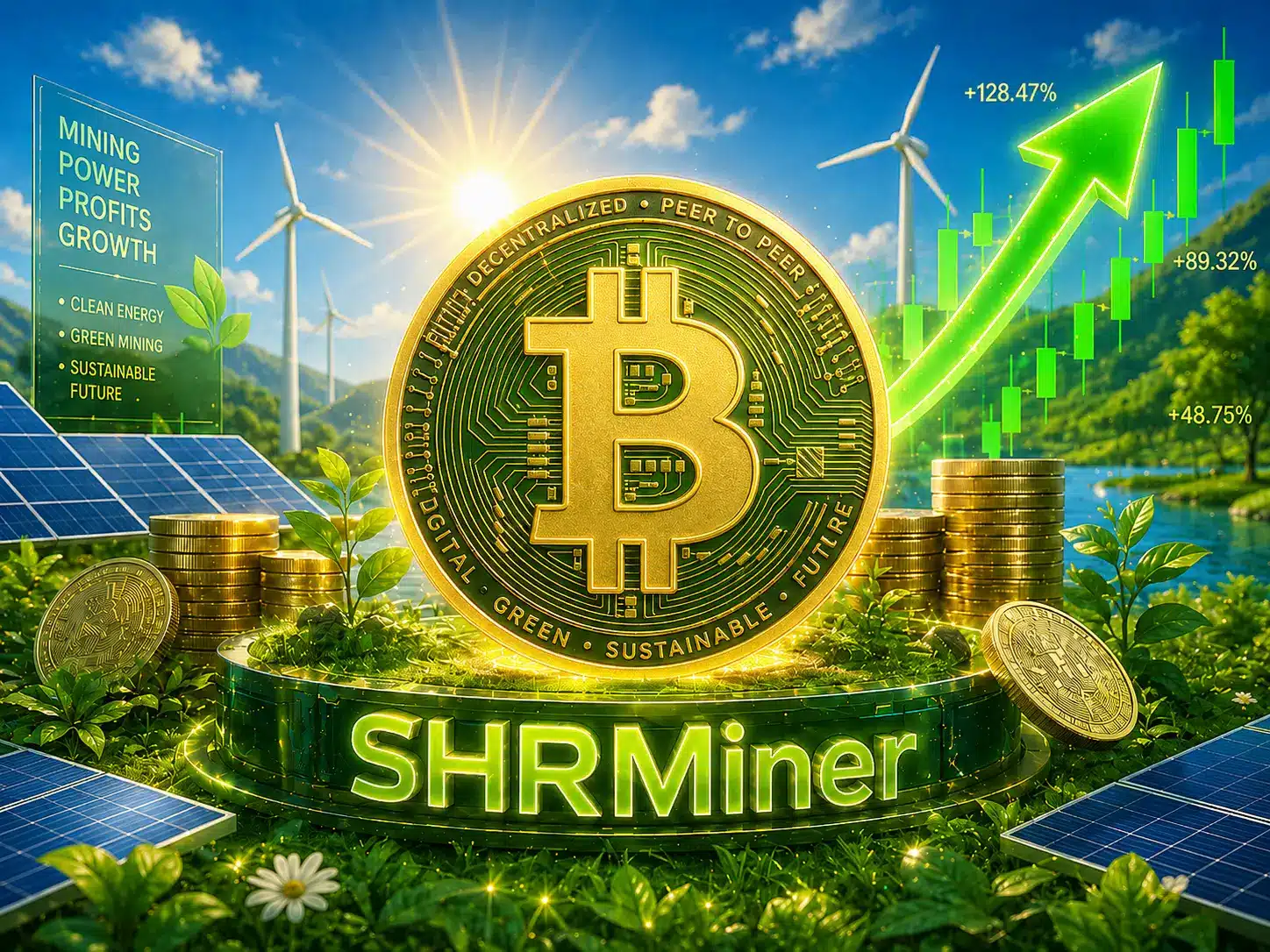 Bitcoin symbol surrounded by solar panels and wind turbines, green energy growth graph in background
