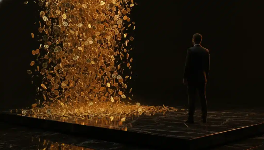 Man in suit observing cascade of golden coins in dark, reflective space