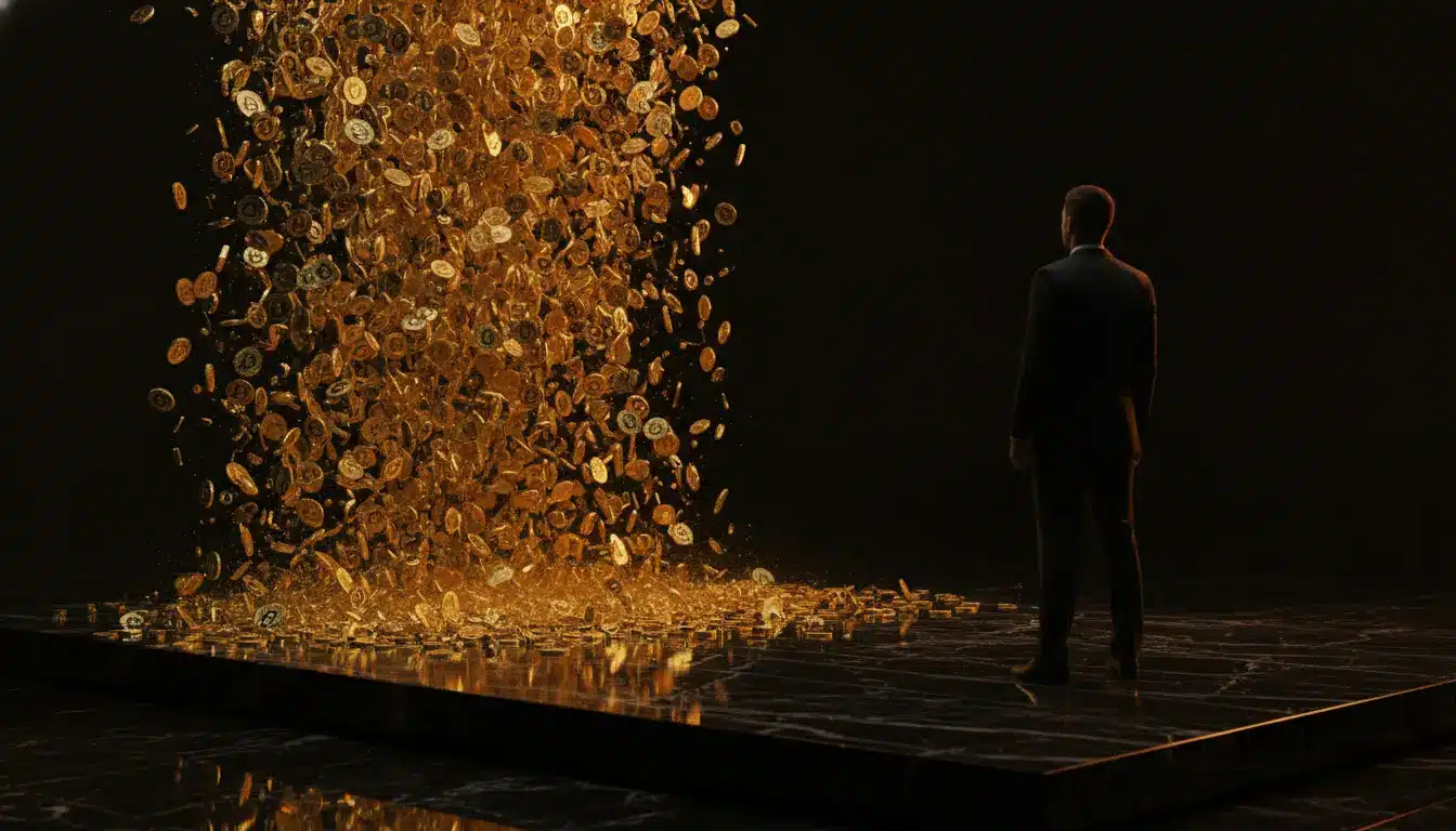 Man in suit observing cascade of golden coins in dark, reflective space