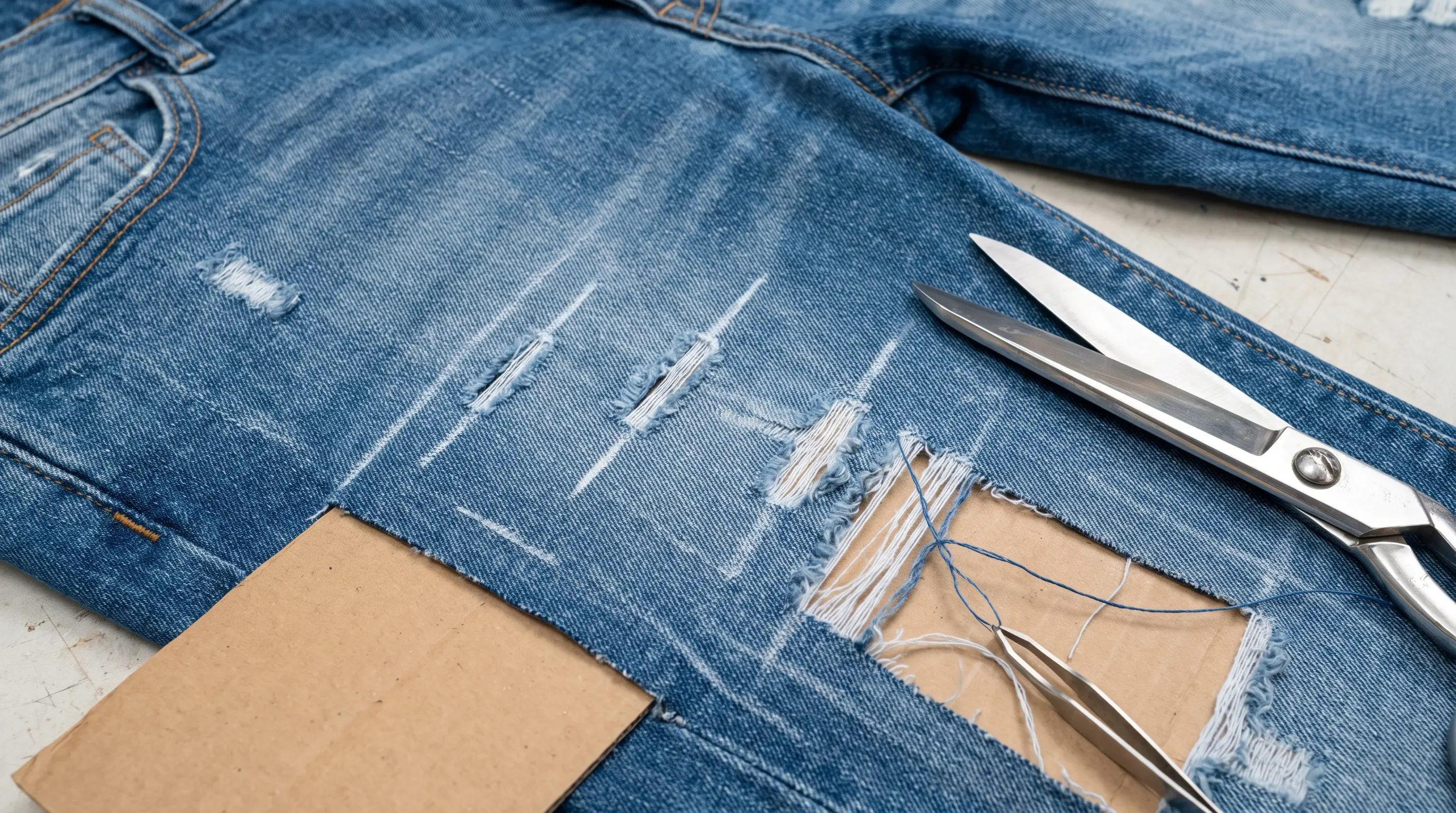 Tweezers removing blue threads from small cuts in jeans while leaving the white threads intact.