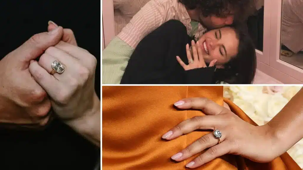 Celebrity engagement ring collage featuring Taylor Swift, Zendaya and Selena Gomez with close-ups and couple photos
