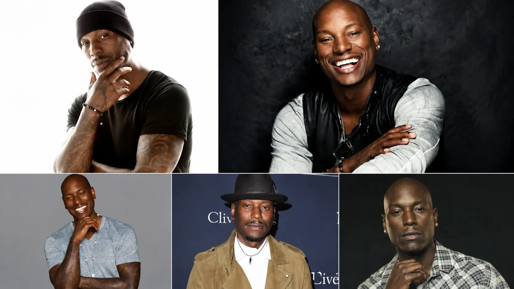 Collage featuring Tyrese Gibson in different outfits with stylish poses and studio backgrounds across five panels
