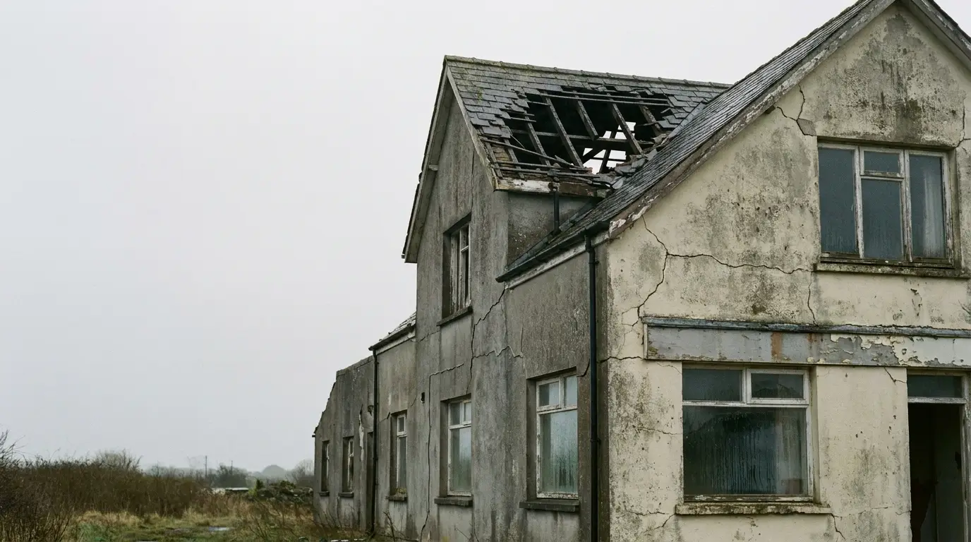 Dilapidated house with broken roof and cracked walls in overcast countryside setting