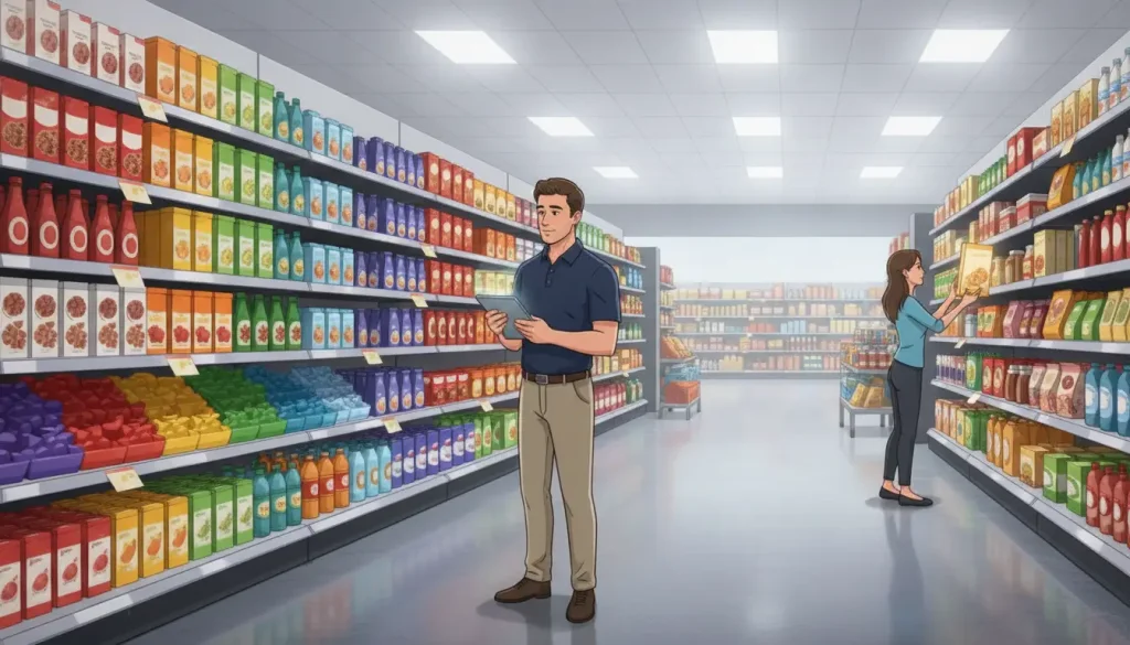 Man holding tablet and woman examining product in colorful supermarket aisle