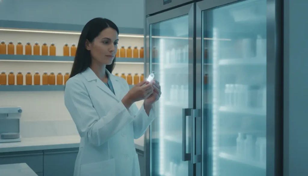 Scientist examining vial near illuminated laboratory refrigerator with shelves of orange bottles