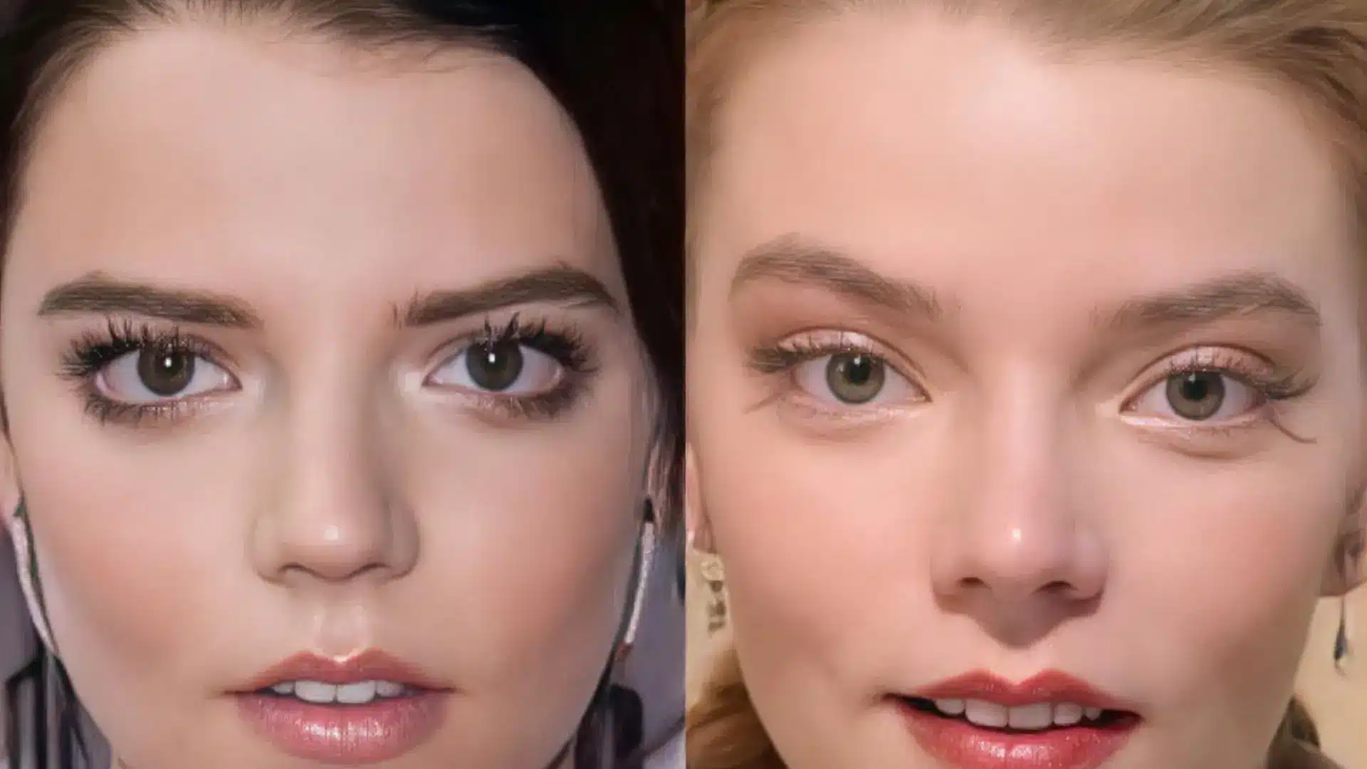 Side-by-side close-up photos comparing actress Anya Taylor-Joy's eyes and face with dark hair versus blonde hair