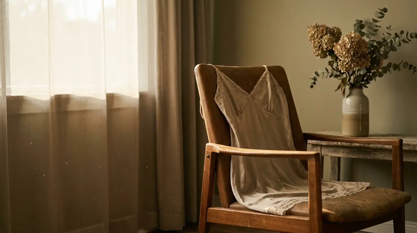 Silk slip dress draped over wooden chair in softly lit room with floral vase nearby