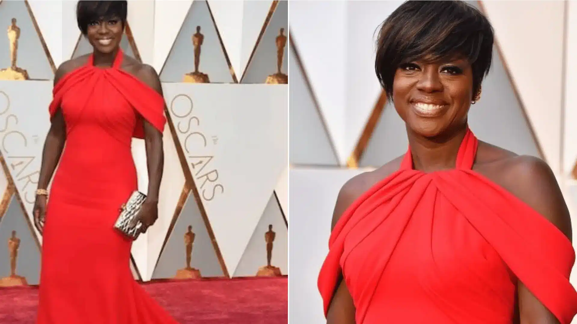 Viola Davis wearing a bright red gown by Armani Privé at the Oscars 2017.