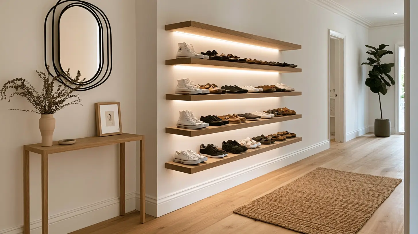 wall mounted shoe rack in a modern home settings with a mirror and plant nearby